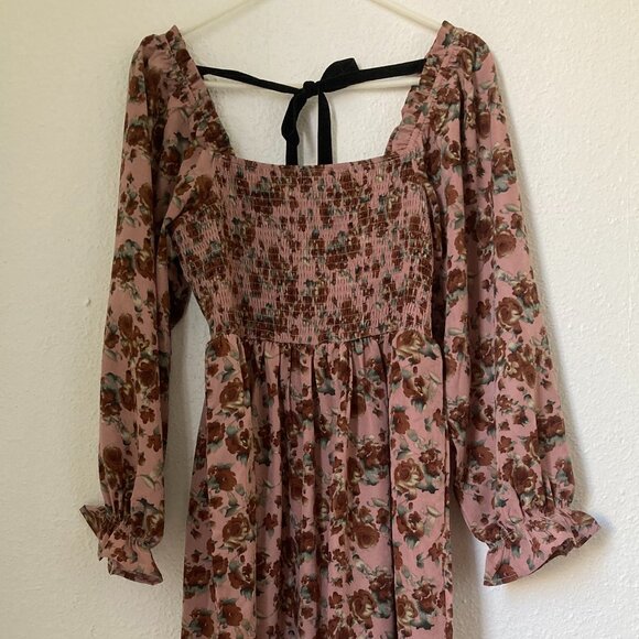 PinkBlush Mauve Rose Smocked Velvet Bow Tie Maternity Midi Dress, Size M - Picture 1 of 5